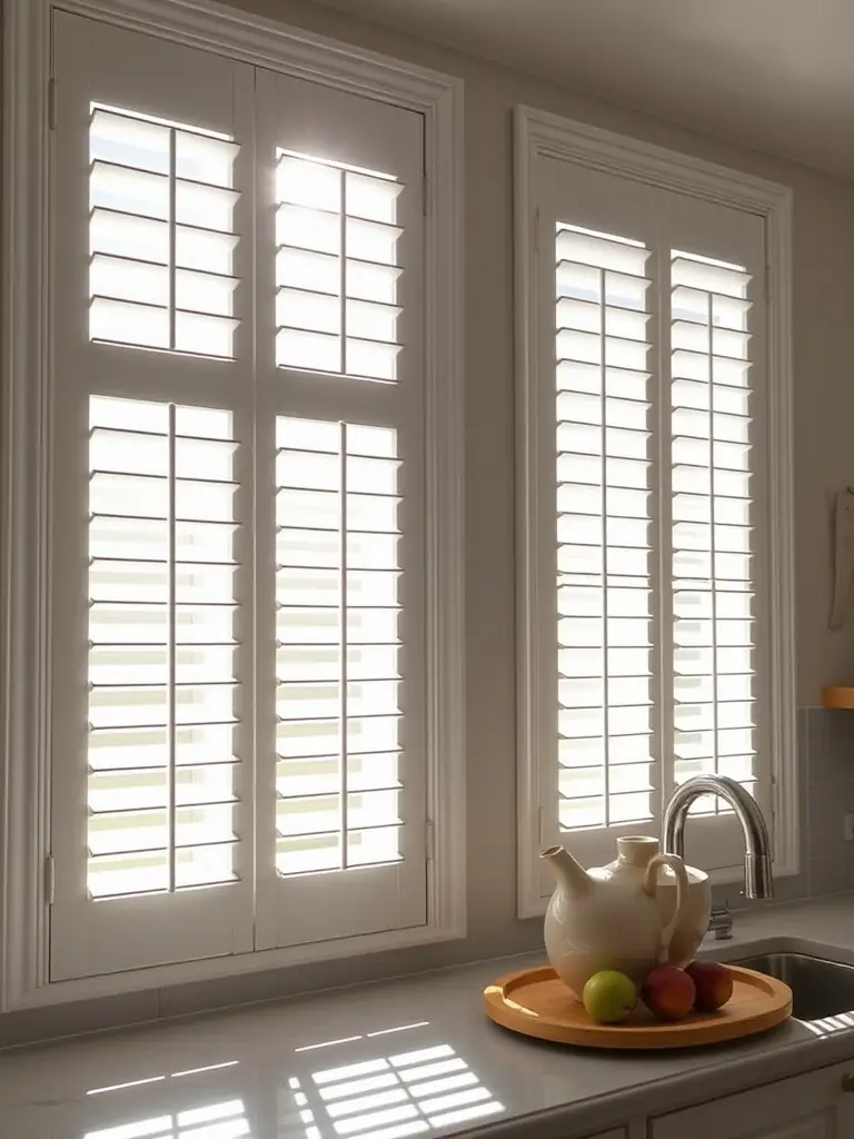 A close-up of white vinyl plantation shutters, showcasing their durability and resistance to moisture, ideal for bathrooms and kitchens in a modern home setting.